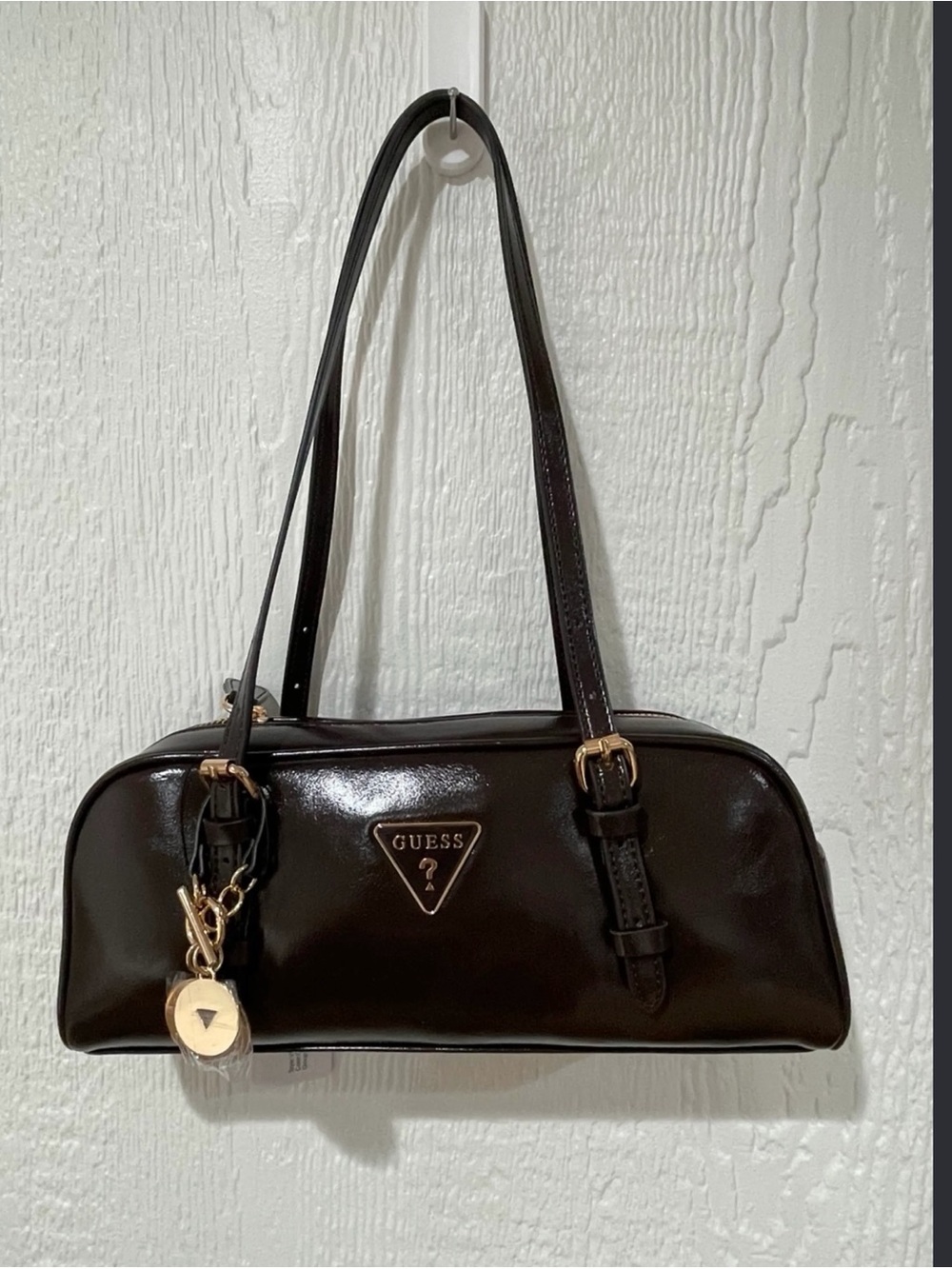 GUESS Glossy Dark Brown Patent Shoulder Bag with Gold Hardware